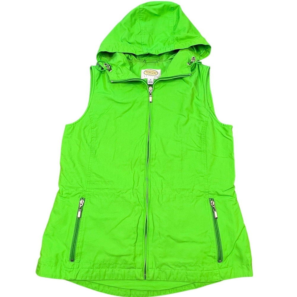 Talbots Lime Green Vest Hooded Mesh Lined Zip Front Petites Womens Size Medium